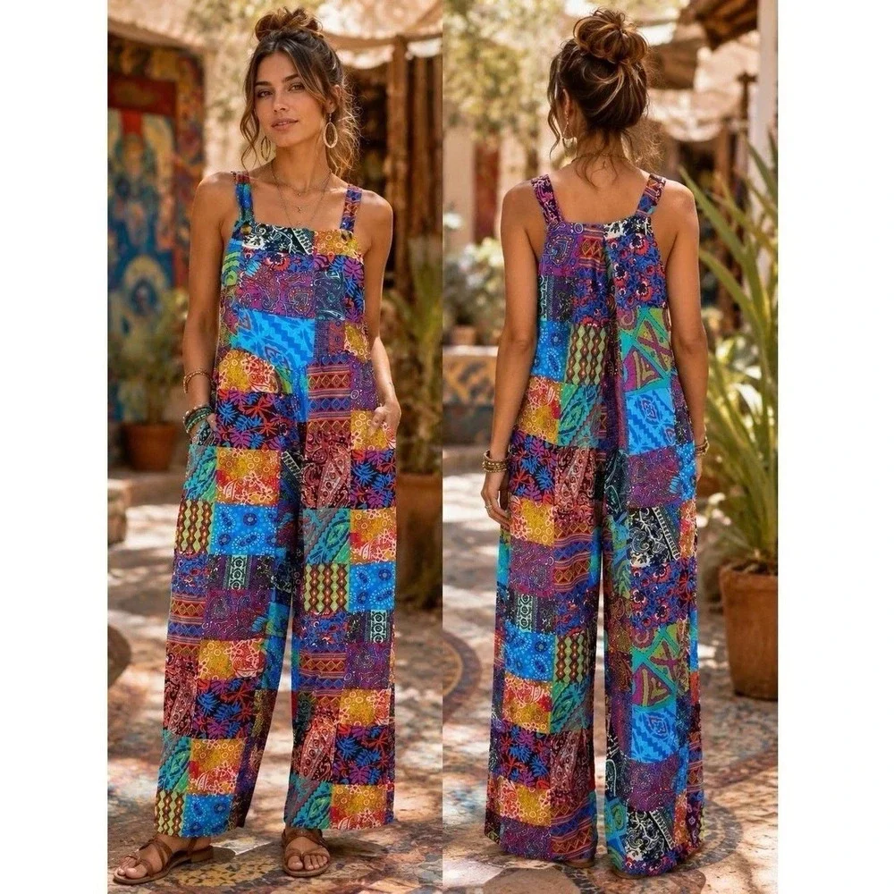 Boho Patchwork Jumpsuit Blue Red Paisley small Festival Overalls L